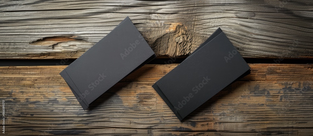 Poster a mockup showcasing black business cards on a wooden backdrop, serving as a branding identity templa