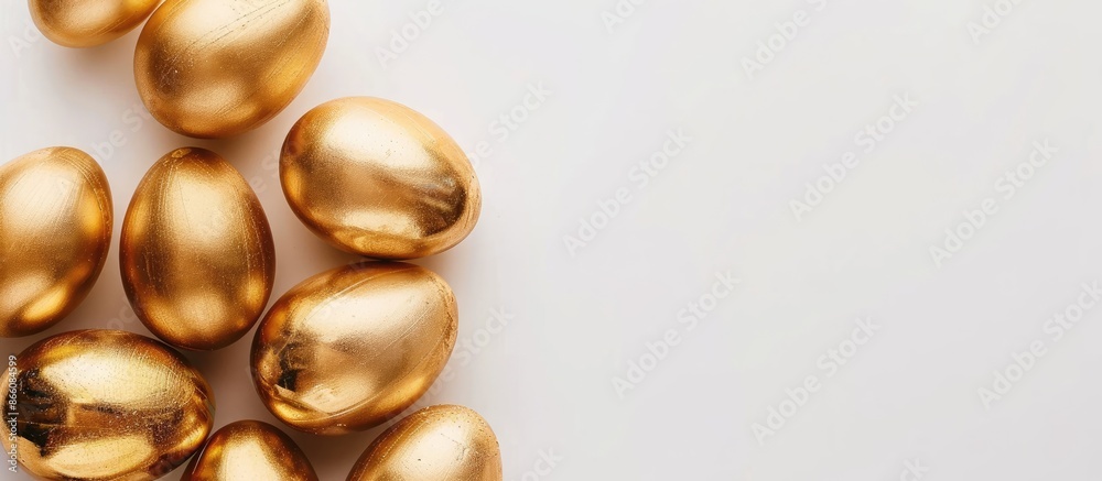 Poster minimalistic easter concept presented with golden eggs against a white backdrop, suitable for copy s