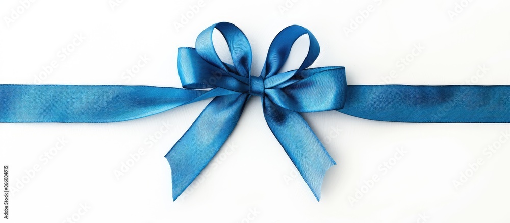 Poster close-up top view shot of a solitary horizontal blue ribbon with a bow set against a white backgroun