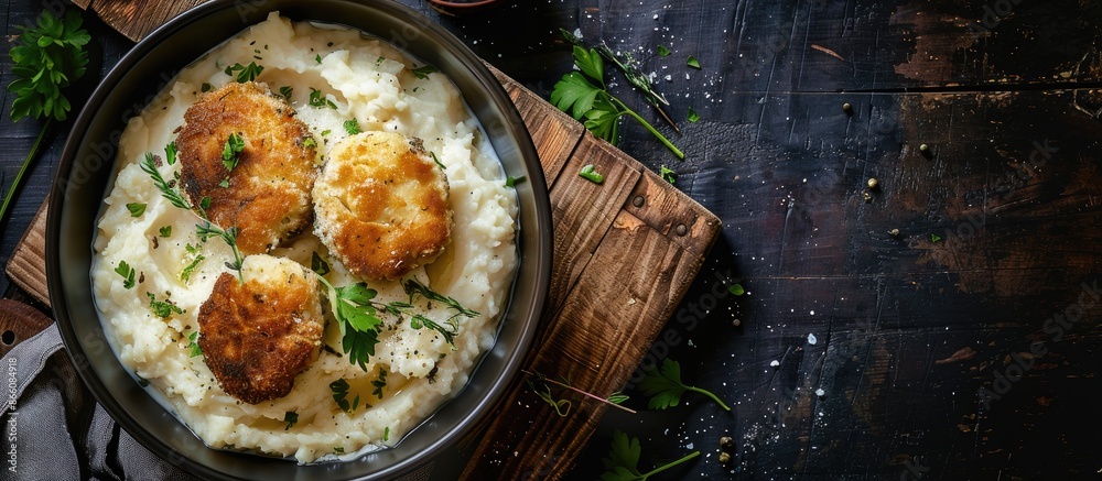 Poster a bowl of mashed potatoes and cutlet on a wooden board with a dark rustic background, shown from abo