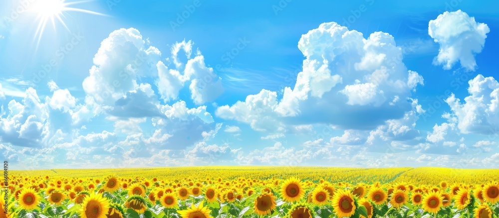 Poster vibrant sunflowers in full bloom in a vast field under a bright blue sky with fluffy white clouds, c