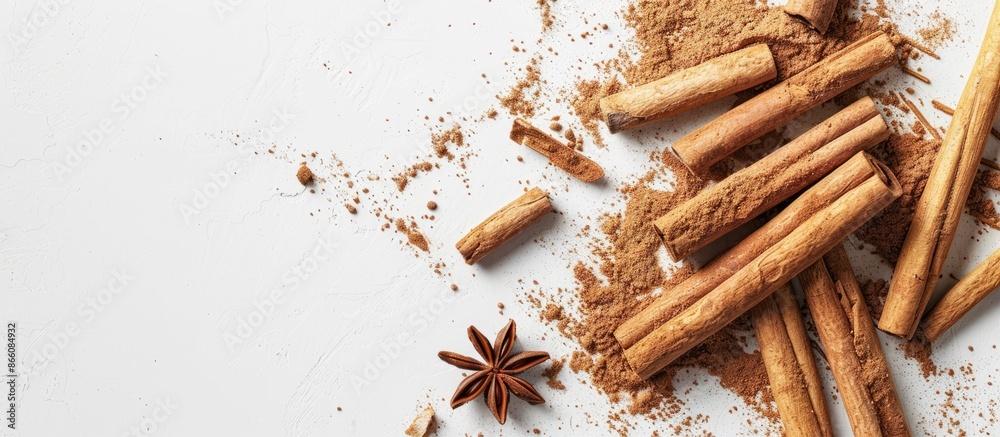 Poster ceylon cinnamon sticks and powder on a white background, perfect for adding fragrance and taste to v