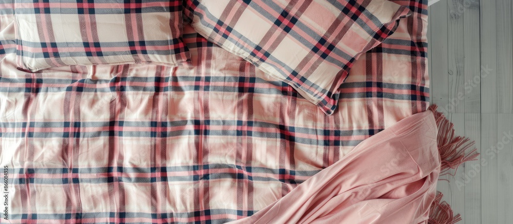 Poster pink warm plaid bedding displayed with copy space in a top view flat lay arrangement.