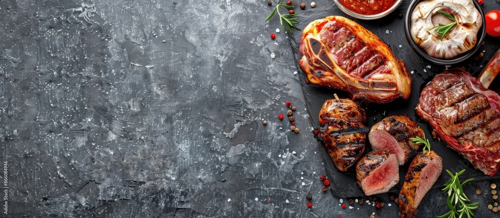 Poster Different grilled meats like beef, pork, and chicken on a stone background with space for your text. Copy space image. Place for adding text and design
