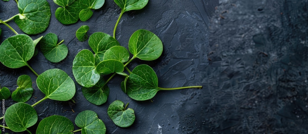 Poster green sorrel leaves arranged neatly on a dark surface with a top view, allowing for copy space image