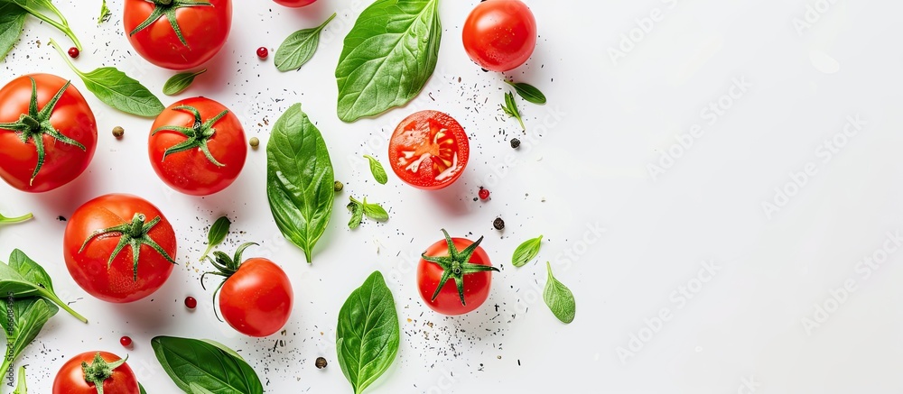 Poster Fresh tomatoes with vibrant green leaves, creating a visually appealing copy space image on a white background.