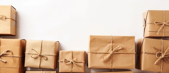 Box of brown paper parcels prepared for shipment, isolated on a white background with visible copy space image.