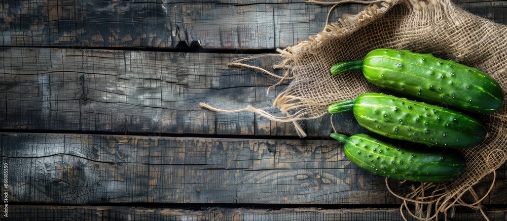 Poster Organic cucumbers creating a rustic vibe on a weathered wooden backdrop with copy space image.