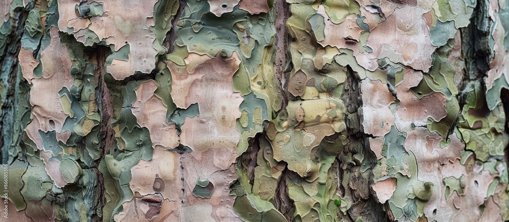 Aufkleber Close-up of tree bark with a camouflage pattern, creating an interesting visual with copy space image.