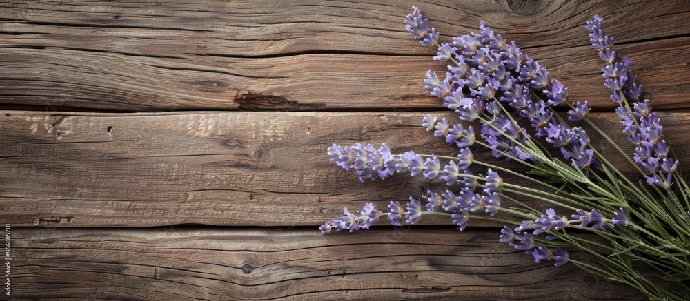 Poster lavender stems displayed on a rustic wooden surface with a blank space for additional imagery.