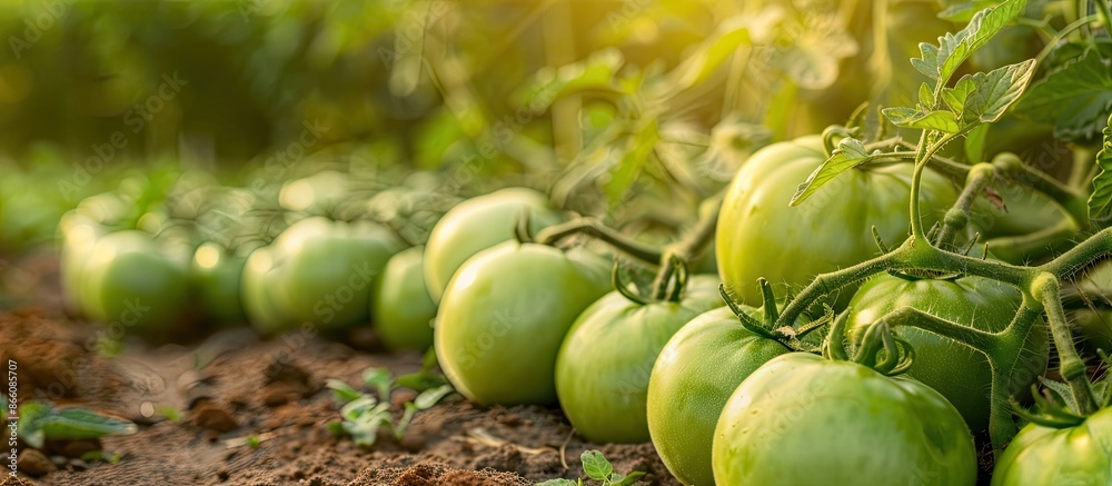Poster Fresh green tomatoes displayed in a garden with ample copy space image.