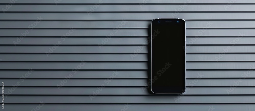 Aufkleber close-up image of a smartphone on a gray striped backdrop with copy space. emphasis on the phone scr