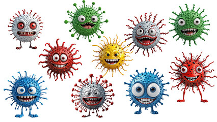 Collection of 3d bacteria isolated, set of funny microbes and viruses, cute microorganisms and germs on white background, generated ai