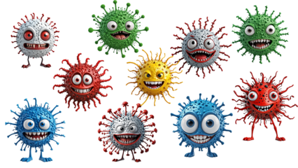 Collection of 3d bacteria isolated, set of funny microbes and viruses, cute microorganisms and germs on white background, generated ai