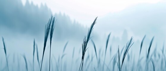 Obraz premium Magical misty meadow, grass silhouettes, thick fog, forest and mountain backdrop, ethereal and serene scene, symbolizing abundance and longevity