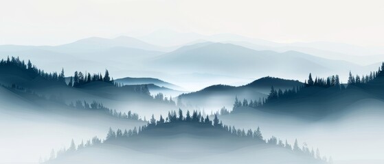 Fototapeta premium Misty landscape with silhouette of hills and mountains, foggy forest, lush trees, enchanting and tranquil, symbolizing longevity