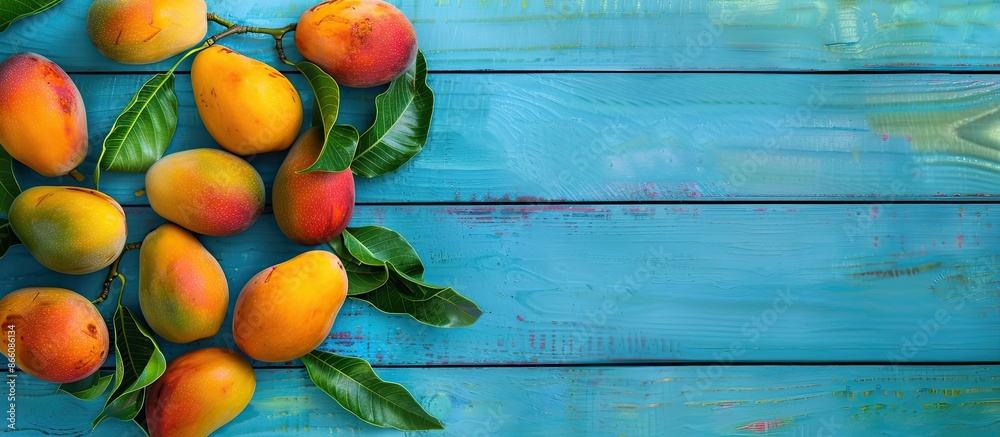 Poster Free copy space image of a mango arranged artistically on a top view of a blue wooden background.
