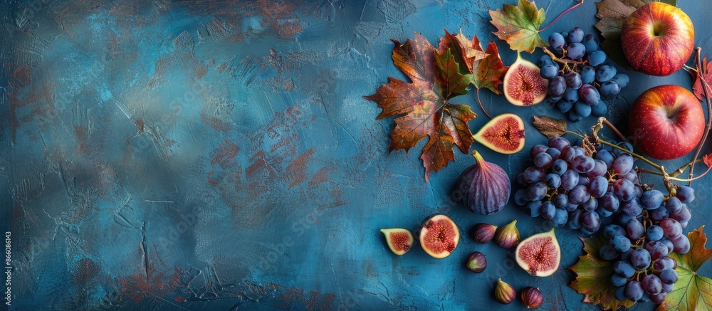 Aufkleber Thanksgiving-themed autumn still life with grape, red apples, and figs on a blue table creating a beautiful frame background for copy space images.