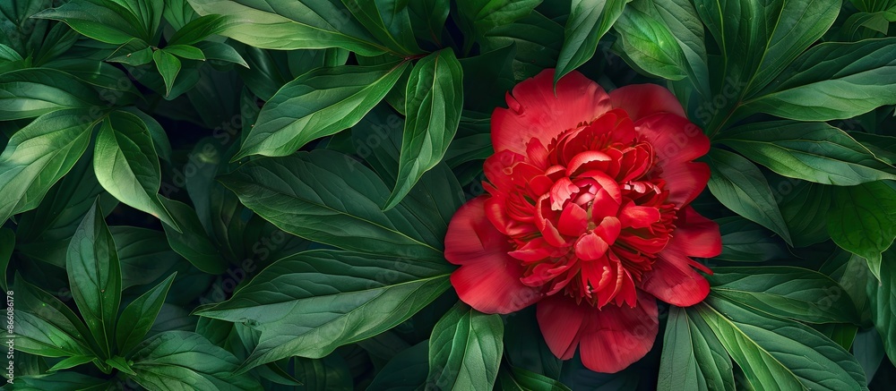 Aufkleber top view of a red peony in bloom amidst lush greenery, ideal for a postcard design featuring copy sp