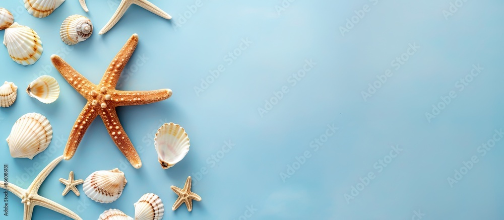 Poster Summer themed flat lay with a starfish and seashells arranged on a soft blue background. Top view with ample copy space for image enhancement.