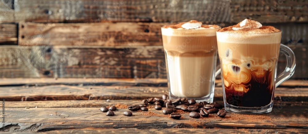 Poster cold cappuccino and mocha served in glass cups on a rustic wooden table, with a blank space availabl