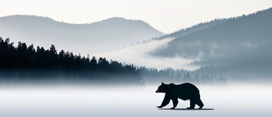 Silhouette of a bear amidst a magical misty landscape, fog enveloping hills, mountains in the background, lush trees and forest, symbolizing abundance and longevity