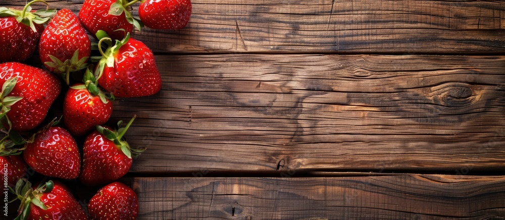 Poster juicy strawberries on a rustic wooden table with a blank area for adding text or images, known as a 
