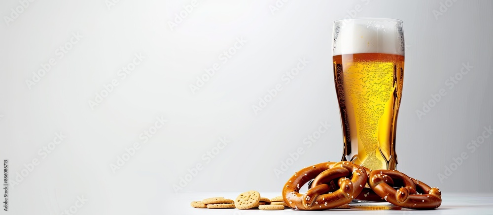 Poster a wheat beer in a glass paired with a classic snack, a salty pretzel, with a blank background for ad