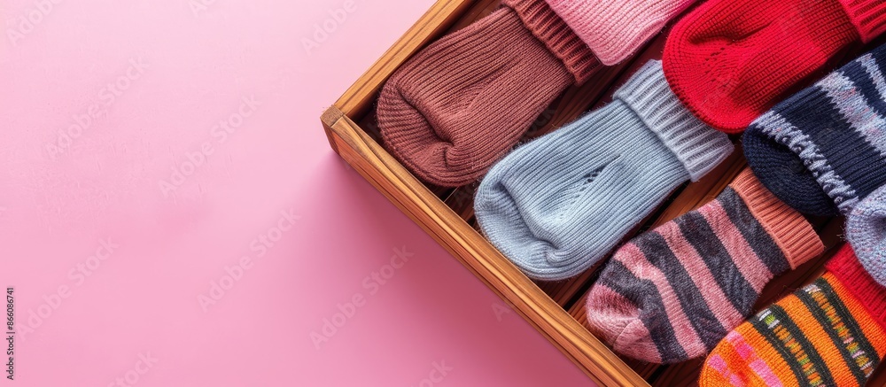 Poster Wooden box with a variety of socks arranged neatly on a pink backdrop creating an attractive copy space image.
