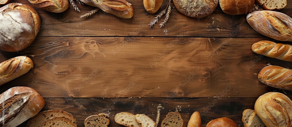 Fototapete Wooden border with fresh bread arranged for display, featuring a blank area for adding text or images within the frame of the photo. Copy space image. Place for adding text and design