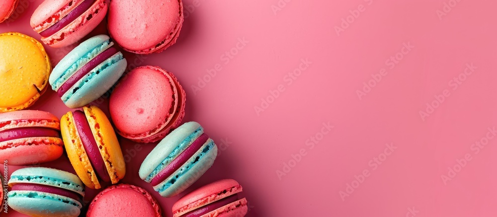 Poster top view of vibrant macarons against a pink background with copy space image.