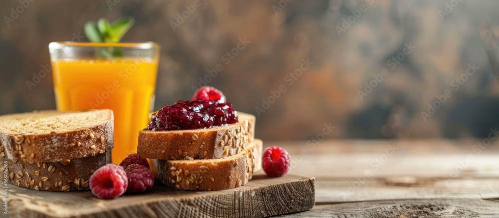 Poster Whole grain bread with mixed berry jam, accompanied by orange juice in a glass on a wooden backdrop, creating a relaxing scene with copy space image.