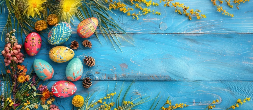 Poster colorful wooden easter eggs decorated with feathers and mimosa, displayed on a blue wooden backdrop 