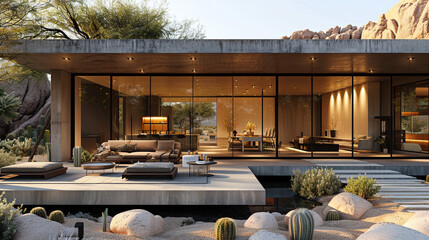 A desert modern home with earthy tones, large glass panels, and a cactus-filled landscape, featuring a shaded outdoor sitting area with minimalist furniture.