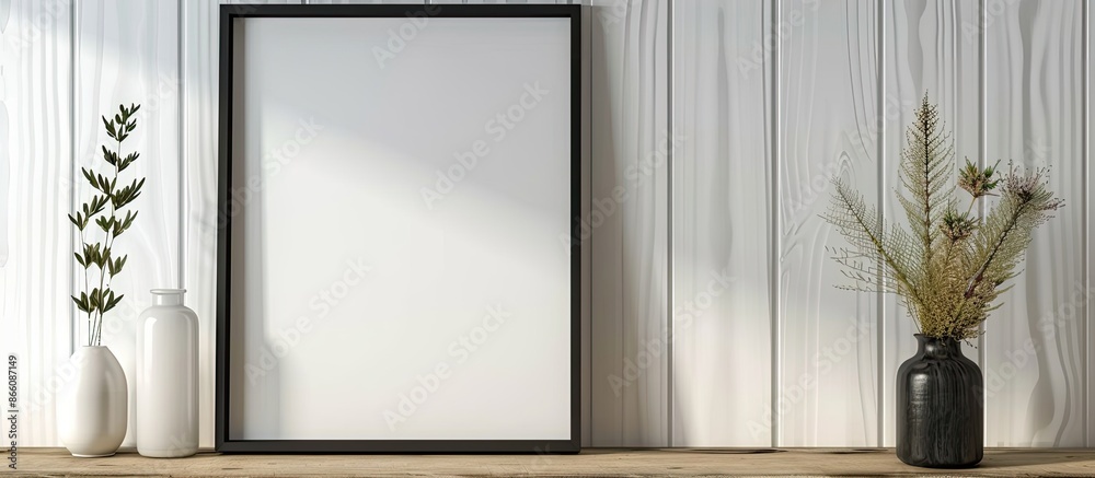 Aufkleber Portrait-oriented empty black frame mockup and vases positioned next to a wooden textured white wall displaying copy space image.