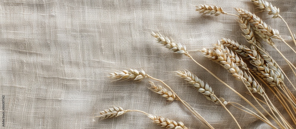 Poster Wheat spikelets on linen background with copy space image.