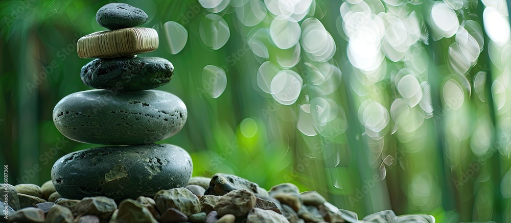 Aufkleber Bamboo stick straw mat balanced by stones stacked with a bamboo grove in the background; perfect for copy space image.
