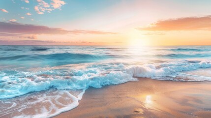 Fototapeta premium Serene beach scene at sunset, showcasing vibrant ocean hues and tranquil waves. Sandy shores and a picturesque horizon create a breathtaking coastal vista.