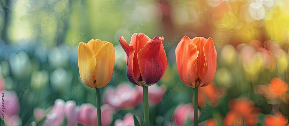 Poster tulip flower in an amber color palette in a garden framing copy space image.