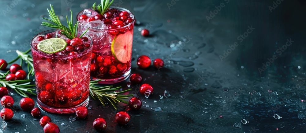 Poster Two glasses of a refreshing red cranberry and lime cocktail with rosemary and ice on a dark background with copy space image.