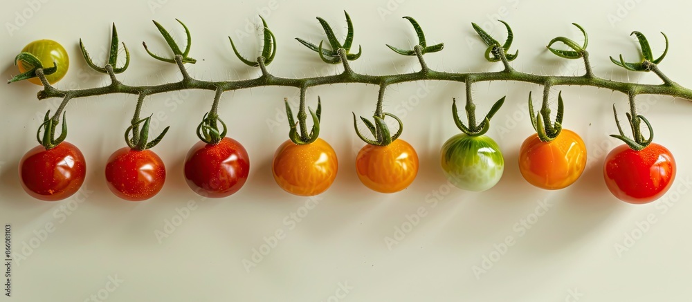 Poster a variety of both ripe and unripe red cherry tomatoes are featured on a branch in a bountiful, organ