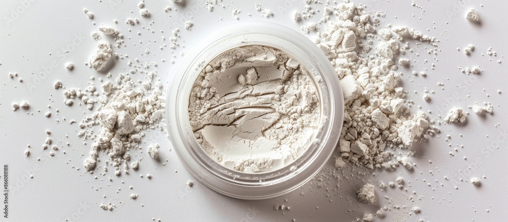 Poster a professional face powder is showcased on a clean white background with close-up, top-down view for