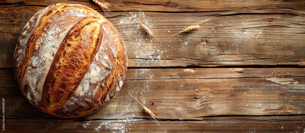Poster a warm, freshly baked round of rye bread placed on a wooden surface with ample copy space image.