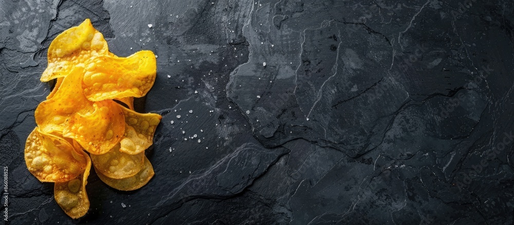 Poster tasty salty potato chips, ideal with beer, displayed on a black stone surface from above. background