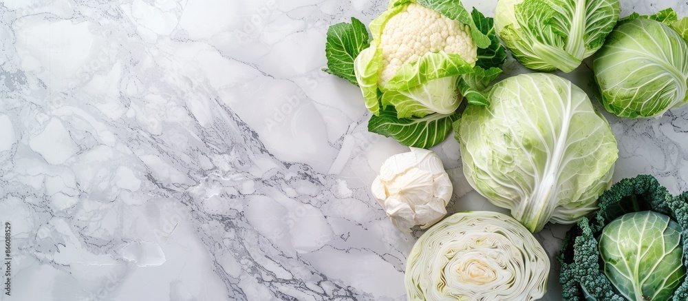 Poster Various types of cabbages displayed on a marble table in a top-down view with copy space image, promoting healthy eating.