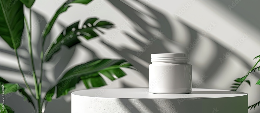 Poster product identity is highlighted in a stylish white cream jar mockup on a white table against a white