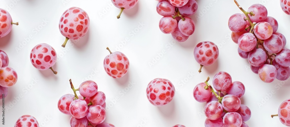 Poster Pink grapes isolated on a white background with ample copy space image for text. View from above in a flat lay pattern.