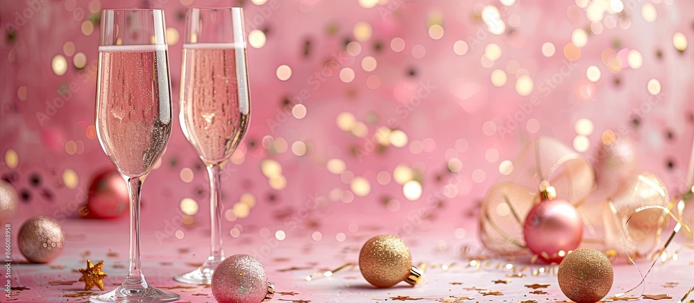 Fototapete A champagne glass adorned with pink and gold baubles on a soft pink backdrop with golden stars, creating a festive scene. Ideal for copy space image with a horizontal layout.