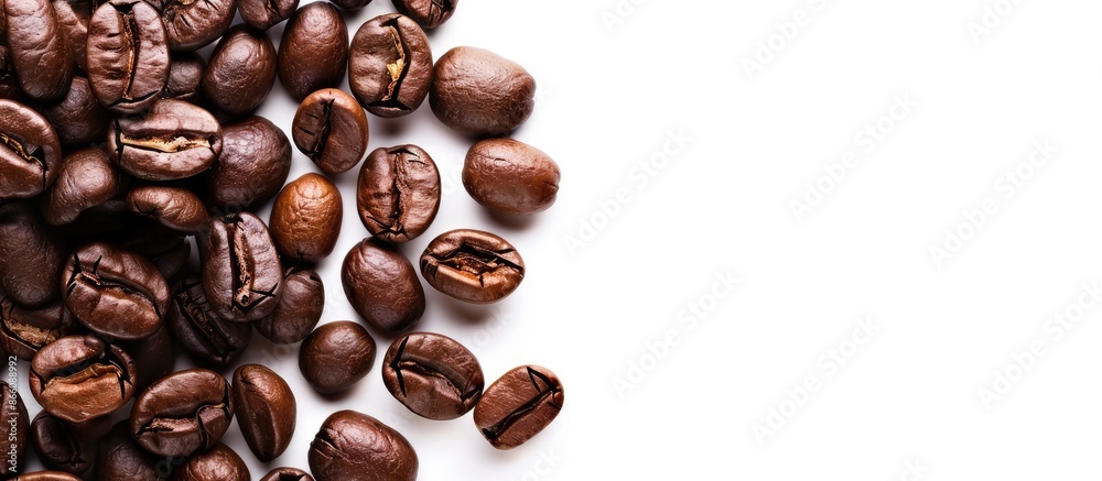 Aufkleber Coffee beans on a white backdrop with space for text, and focus on the beans. Copy space image. Place for adding text and design