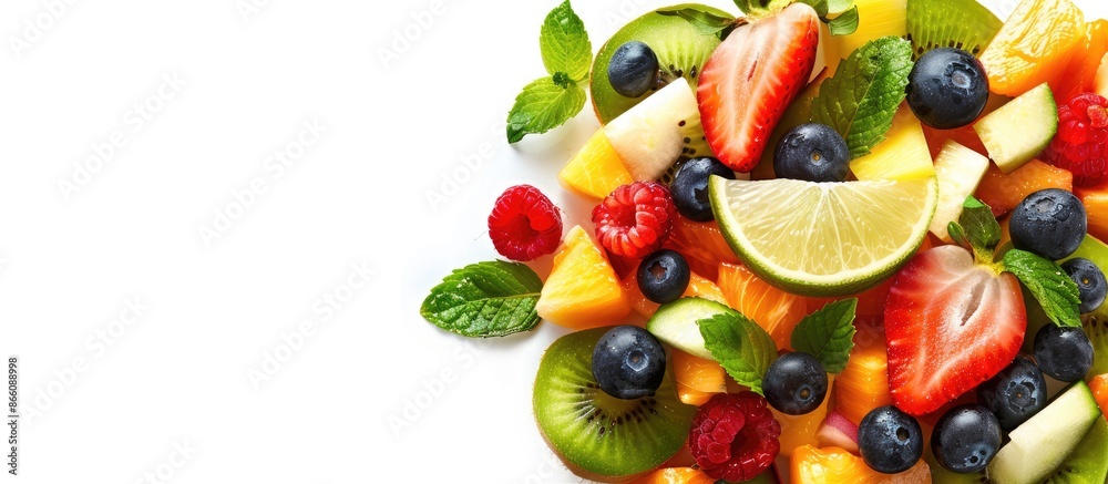 Poster A fruit salad with green leaves displayed on a white backdrop to enhance vibrant colors in the copy space image.